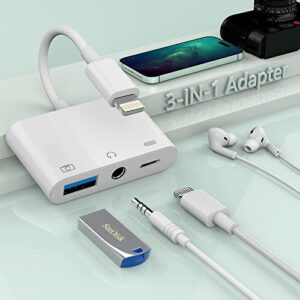 【apple mfi certified】 3-in-1 lightning to 3.5mm jack headphone+charge+camera adapter,usb to iphone otg audio aux adapter connect flash drive/card reader/mouse/keyboard/earphone for iphone 14 13 12 11