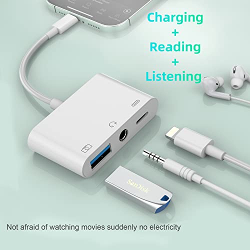 【Apple MFi Certified】 3-in-1 Lightning to 3.5mm Jack Headphone+Charge+Camera Adapter,USB to iPhone OTG Audio Aux Adapter Connect Flash Drive/Card Reader/Mouse/Keyboard/Earphone for iPhone 14 13 12 11