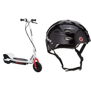 razor e200 electric scooter for kids ages 13+ - 8" pneumatic tires, 200-watt motor, up to 12 mph and 40 min of ride time, for riders up to 154 lbs & v-17 youth multi-sport helmet, gloss black