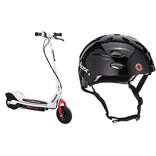 Razor E200 Electric Scooter for Kids Ages 13+ - 8" Pneumatic Tires, 200-Watt Motor, Up to 12 mph and 40 min of Ride Time, for Riders up to 154 lbs & V-17 Youth Multi-Sport Helmet, Gloss Black