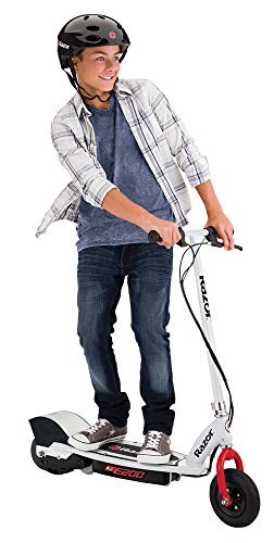 Razor E200 Electric Scooter for Kids Ages 13+ - 8" Pneumatic Tires, 200-Watt Motor, Up to 12 mph and 40 min of Ride Time, for Riders up to 154 lbs & V-17 Youth Multi-Sport Helmet, Gloss Black