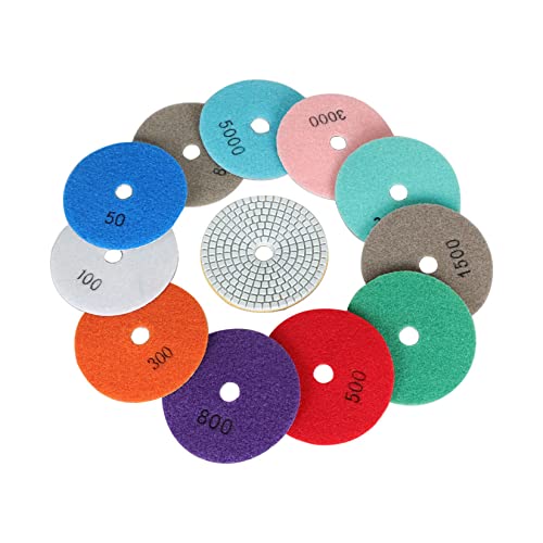 findmall 4 Inch Diamond Polishing Pads with 1Pcs 5/8-11 Backer Pad, 13Pcs 50-8000 Grit Polishing Pad Kit Fit for Drill, Grinder, Polisher