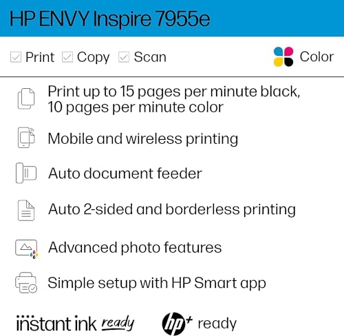 HP Envy Inspire 7955e Wireless Color All-in-One Printer with 6 Months Free Ink (1W2Y8A) (Renewed Premium),White