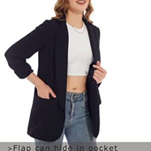 Black Blazers for Women Business Casual Lined Summer Blazer for Women Lightweight Ruched 3/4 Sleeve Open Front Work Office Light Fitted Suit Blazer(L)