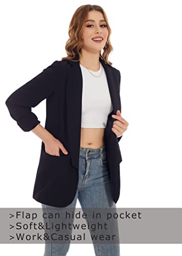 Black Blazers for Women Business Casual Lined Summer Blazer for Women Lightweight Ruched 3/4 Sleeve Open Front Work Office Light Fitted Suit Blazer(L)