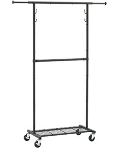gewudraw clothing garment rack, extendable clothes rack with wheels, bottom shelves and hooks, double rod garment rack portable closet organizer, 64.4 inches
