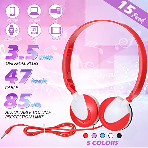 15 Pcs Kids Headphones Bulk for School,Comfort Headphones Wired, Ear Headset Foldable Stereo Headphones for Student/Kids/Teens/Adults