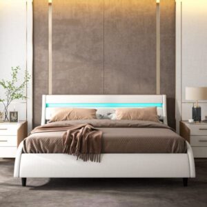 TTVIEW Upholstered Smart LED Bed Frame with Headboard, Modern Faux Leather Wave-Like Platform Bed Frame, Low Profile Bed Frame with Solid Wood Slats Support, White, Full Size