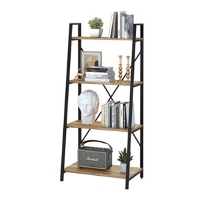 BON AUGURE Industrial Ladder Shelf Bookcase, 4 Tier Rustic Ladder Bookshelf, Standing Leaning Book Shelves for Living Room (Vintage Oak)…