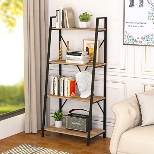 BON AUGURE Industrial Ladder Shelf Bookcase, 4 Tier Rustic Ladder Bookshelf, Standing Leaning Book Shelves for Living Room (Vintage Oak)…
