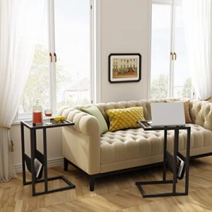 Gewudraw Side Table End Table, C Shaped End Table, Narrow Side Table Sofa Couch Table Black Metal Glass End Table with Storage Bag for Bedroom, Living Room, Office and Small Spaces