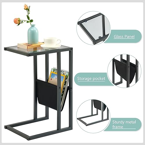Gewudraw Side Table End Table, C Shaped End Table, Narrow Side Table Sofa Couch Table Black Metal Glass End Table with Storage Bag for Bedroom, Living Room, Office and Small Spaces
