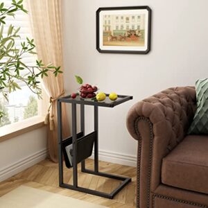 Gewudraw Side Table End Table, C Shaped End Table, Narrow Side Table Sofa Couch Table Black Metal Glass End Table with Storage Bag for Bedroom, Living Room, Office and Small Spaces