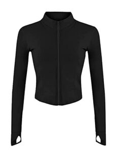 fenclushy womens cropped slim athletic yoga workout track sports zip up jacket with thumb holes(black,m)