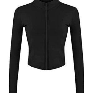 Fenclushy Womens Cropped Slim Athletic Yoga Workout Track Sports Zip Up Jacket with Thumb Holes(Black,M)