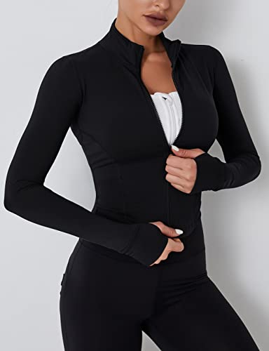 Fenclushy Womens Cropped Slim Athletic Yoga Workout Track Sports Zip Up Jacket with Thumb Holes(Black,M)