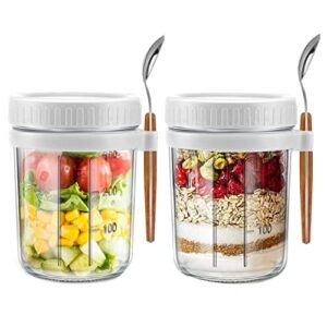 overnight oats containers with lids and spoon-set of 2 jars 12 oz large capacity airtight container with measurement marks, reusable on the go cups for cereal yogurt, milk, salads, fruit(2 pack white)