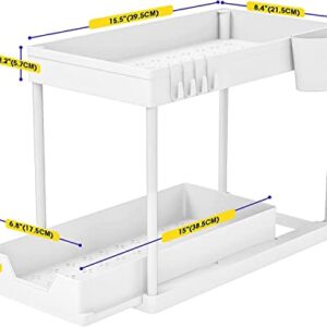 Under Sink Storage - Bnimtm 2 Pack White Under Sink Storage Kitchen Organiser - Sliding Drawer Pull Out Under Sink Organiser with Hooks Cup for Kitchen Bathroom