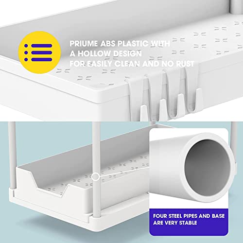 Under Sink Storage - Bnimtm 2 Pack White Under Sink Storage Kitchen Organiser - Sliding Drawer Pull Out Under Sink Organiser with Hooks Cup for Kitchen Bathroom