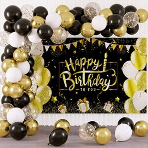 rubfac black and gold birthday decorations happy birthday backdrop with 70pcs black and gold balloon garland kit photo backdrop background for birthday party decoration supplies