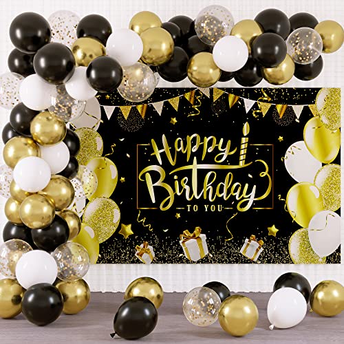 Rubfac Black and Gold Birthday Decorations Happy Birthday Backdrop with 70pcs Black and Gold Balloon Garland Kit Photo Backdrop Background for Birthday Party Decoration Supplies