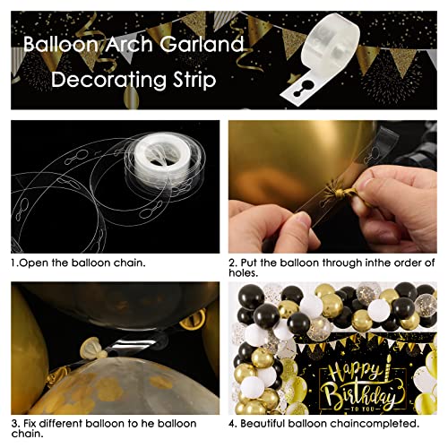 Rubfac Black and Gold Birthday Decorations Happy Birthday Backdrop with 70pcs Black and Gold Balloon Garland Kit Photo Backdrop Background for Birthday Party Decoration Supplies