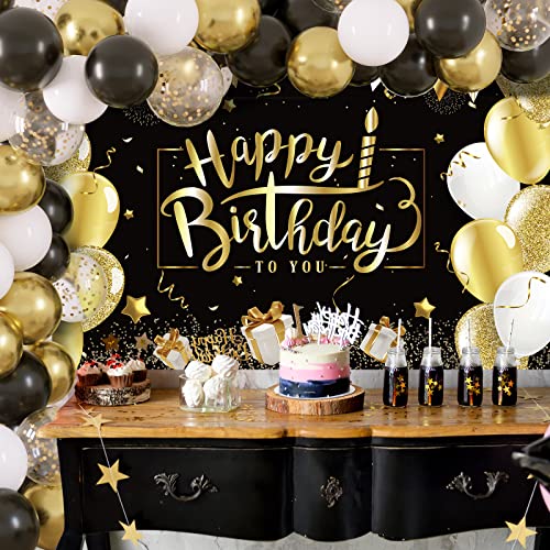 Rubfac Black and Gold Birthday Decorations Happy Birthday Backdrop with 70pcs Black and Gold Balloon Garland Kit Photo Backdrop Background for Birthday Party Decoration Supplies