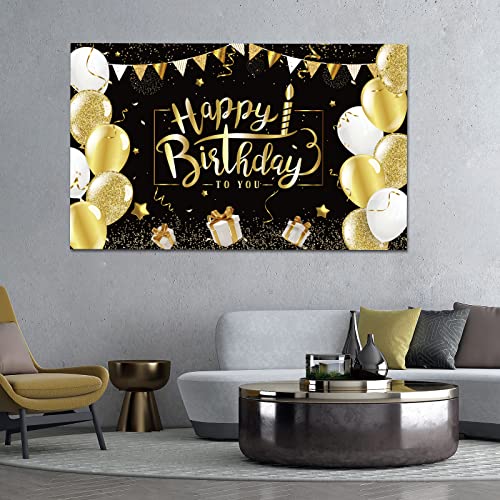 Rubfac Black and Gold Birthday Decorations Happy Birthday Backdrop with 70pcs Black and Gold Balloon Garland Kit Photo Backdrop Background for Birthday Party Decoration Supplies