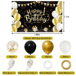 Rubfac Black and Gold Birthday Decorations Happy Birthday Backdrop with 70pcs Black and Gold Balloon Garland Kit Photo Backdrop Background for Birthday Party Decoration Supplies