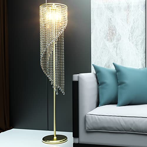 QiMH Crystal Floor Lamp for Living Room/ Bedroom Decor, Bling Elegant Rain Lamp, Gold Standing Indoor Tall Pole Light Simple Floor Lamp with Foot Switch