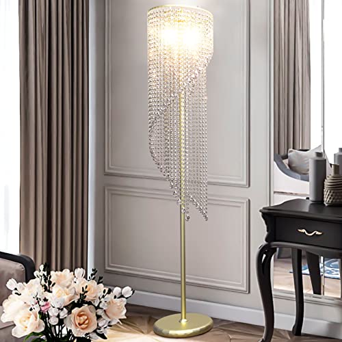 QiMH Crystal Floor Lamp for Living Room/ Bedroom Decor, Bling Elegant Rain Lamp, Gold Standing Indoor Tall Pole Light Simple Floor Lamp with Foot Switch