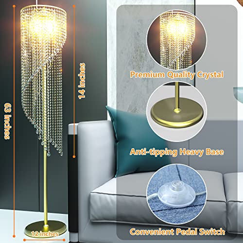 QiMH Crystal Floor Lamp for Living Room/ Bedroom Decor, Bling Elegant Rain Lamp, Gold Standing Indoor Tall Pole Light Simple Floor Lamp with Foot Switch