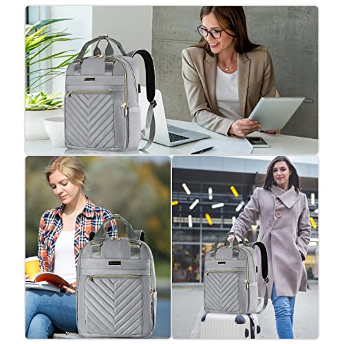Liokesa Laptop Backpack for Women, School Backpack for Teen Girls, 15.6 Inch Quilted Womens Work Laptop Bag with USB Charging Port, Large Computer Bookbags for College Teacher, Grey