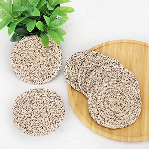 ABenkle 8 Pcs Drink Coasters with Holder, Cotton Woven Absorbent Coasters for Drinks, Minimalist Home Decor Coaster Set for Wooden Tabletop Protection Table, 4 inches Mixed Brown