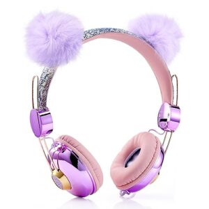 kuyaon kids headphones with microphone for girls children teens, cute bear ear headphones with adjustable headband, 3.5mm jack wired over ear headphones for school travel birthday gifts (purple)