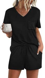 rubzoof two piece outfits for women short sleeve v neck casual summer pjs lounge sets black xl