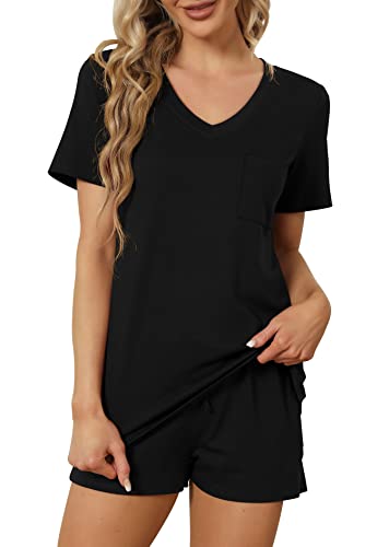 RUBZOOF Two Piece Outfits for Women Short Sleeve V Neck Casual Summer Pjs Lounge Sets Black XL