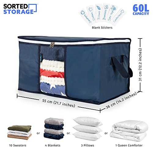 Summer & Winter Clothes Storage Bags with Zipper – 60L Closet Declutter Organizer Collapse Storage Bins for Comforter, Blanket, Bedding – Reinforced Fabric Clothing Storage Bags – Navy, 6 Pack