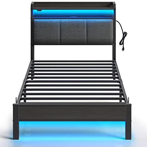 Rolanstar Bed Frame Twin Size with Charging Station and LED Lights, Upholstered Headboard with Storage Shelves, Heavy Duty Metal Slats, No Box Spring Need, Noise Free, Easy Assembly, Dark Grey