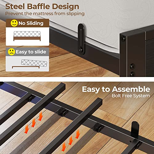 Rolanstar Bed Frame Twin Size with Charging Station and LED Lights, Upholstered Headboard with Storage Shelves, Heavy Duty Metal Slats, No Box Spring Need, Noise Free, Easy Assembly, Dark Grey