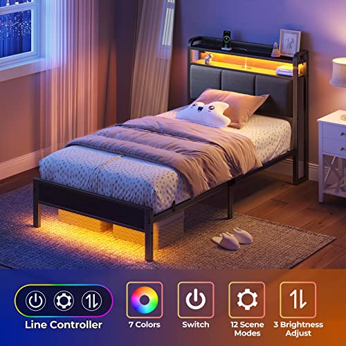 Rolanstar Bed Frame Twin Size with Charging Station and LED Lights, Upholstered Headboard with Storage Shelves, Heavy Duty Metal Slats, No Box Spring Need, Noise Free, Easy Assembly, Dark Grey