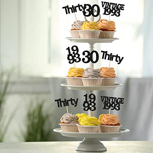 Gyufise 24Pcs Vintage 1993 Cupcake Toppers Cheers to 30 Fabulous Thirty Cupcake Picks Decorations for 30th Birthday Wedding Anniversary Party Supplies Black