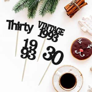 Gyufise 24Pcs Vintage 1993 Cupcake Toppers Cheers to 30 Fabulous Thirty Cupcake Picks Decorations for 30th Birthday Wedding Anniversary Party Supplies Black