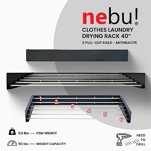 NEBU Clothes Laundry Drying Rack 40”- an Elegant Wall-Mounted Hanger, Folding Stainless Steel Collapsible, Space Saver with 20 Linear feet, Drying Capacity 40lbs