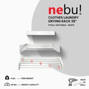NEBU Clothes Laundry Drying Rack 28”- an Elegant Wall-Mounted Hanger, Folding Stainless Steel Collapsible, Space Saver with 12 Linear feet, Drying Capacity 27lbs