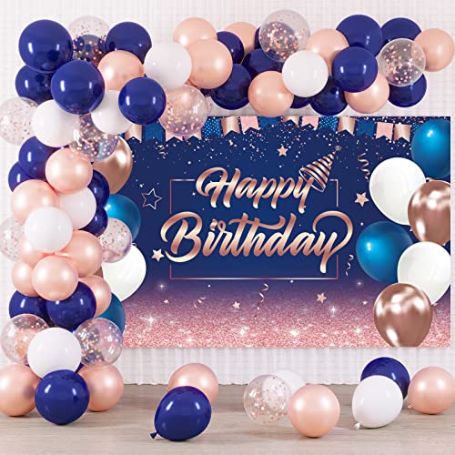 Rubfac Navy Blue and Rose Gold Birthday Birthday Decorations Happy Birthday Backdrop with 70pcs Navy Blue Rose Gold and White Balloon GarlandPhoto Backdrop Background for Birthday Party Decorations