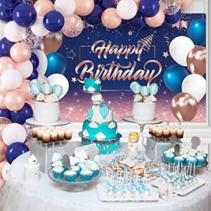 Rubfac Navy Blue and Rose Gold Birthday Birthday Decorations Happy Birthday Backdrop with 70pcs Navy Blue Rose Gold and White Balloon GarlandPhoto Backdrop Background for Birthday Party Decorations