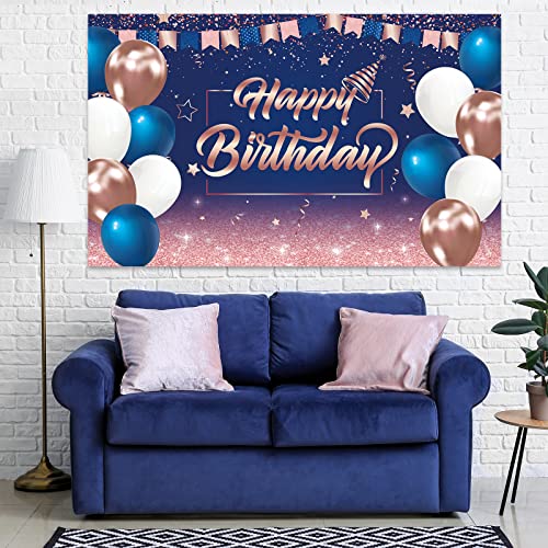 Rubfac Navy Blue and Rose Gold Birthday Birthday Decorations Happy Birthday Backdrop with 70pcs Navy Blue Rose Gold and White Balloon GarlandPhoto Backdrop Background for Birthday Party Decorations