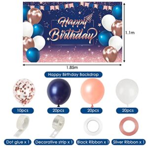 Rubfac Navy Blue and Rose Gold Birthday Birthday Decorations Happy Birthday Backdrop with 70pcs Navy Blue Rose Gold and White Balloon GarlandPhoto Backdrop Background for Birthday Party Decorations