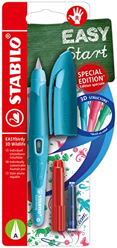 STABILO Ergonomic School Fountain Pen EASYbirdy 3D Wildfile Special Edition - Nib A - Right-Handed - Cartridge and Adjustment Tool Included - Blue